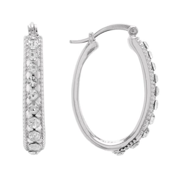 Bella Dazzle Silver Plated Beaded Oval Hoop Earring with Graduated Crystals - Picture 1 of 4